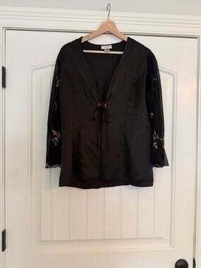 Vintage 90s Large WhimsiGoth Kimono Black Satin Sheer Rose Embroidery Fairy